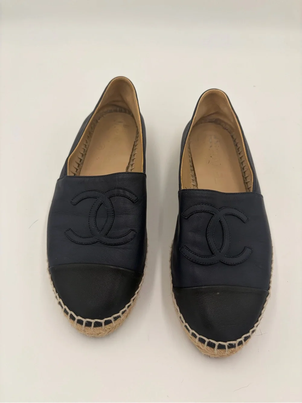CHANEL Navy and Black  Leather Espadrille Loafer with CC Logo size 37 US 6.5